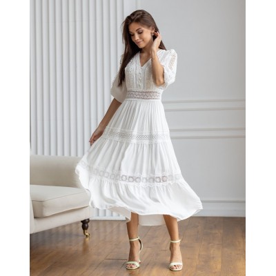 Белое платье миди с кружевом 111715 Белое платье миди с кружевом 111715
