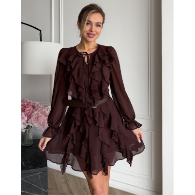 Шоколадна сукня міні з поясом 111848 Шоколадна сукня міні з поясом 111848
