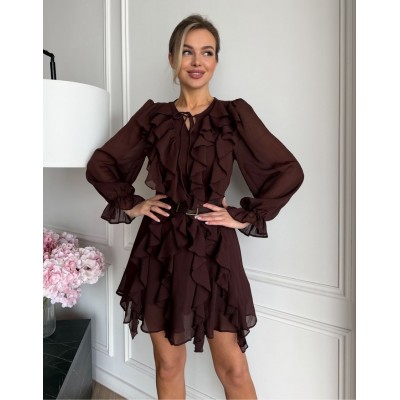 Шоколадна сукня міні з поясом 111848 Шоколадна сукня міні з поясом 111848