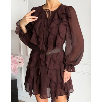 Шоколадна сукня міні з поясом 111848 Шоколадна сукня міні з поясом 111848